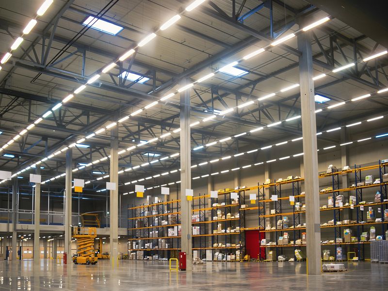 A wide shot captures a modern warehouse, showcasing high ceilings, bright lighting, and rows of shelves stocked with various products, creating a sense of scale.