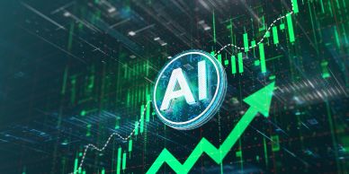 Digital AI icon with rising stock market graph.