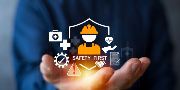 Hands holding a safety first concept with protective icons.