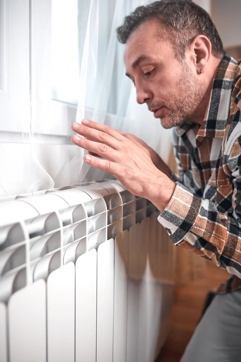 Man heating on a chilly winter day, energy and gas crisis, cold room, heating problems.