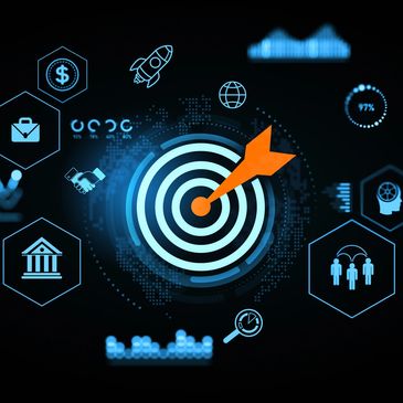 Digital target with dart hitting the bullseye, surrounded by business and technology icons.