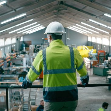 Construction worker in safety gear overseeing a busy industrial workspace.