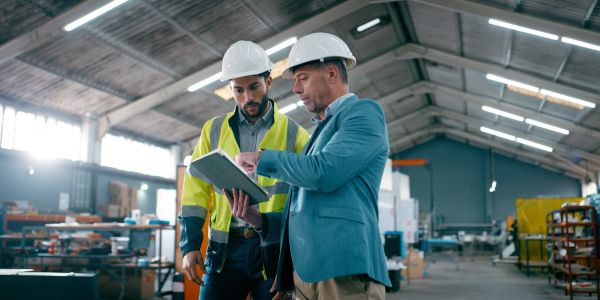 Two engineers discussing on a tablet in a factory.
