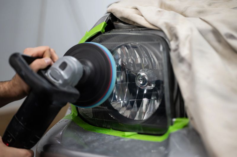 Hand polishing car headlight with buffer to remove haze and restore clear, bright visibility to plastic lens, close-up technician