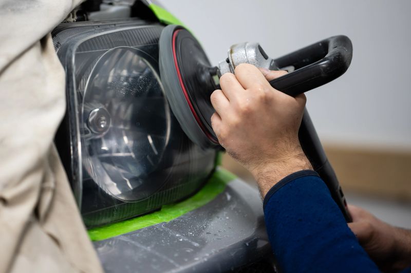 Person using a buffing machine to restore a car headlight, bringing back its original clarity and improving visibility