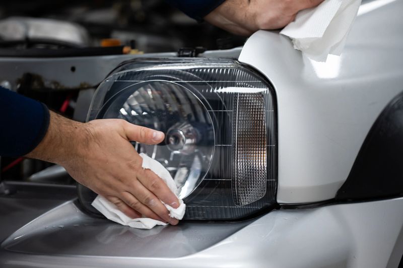 Man's hands cleaning a car headlight with a white cloth, performing vehicle maintenance and detailing