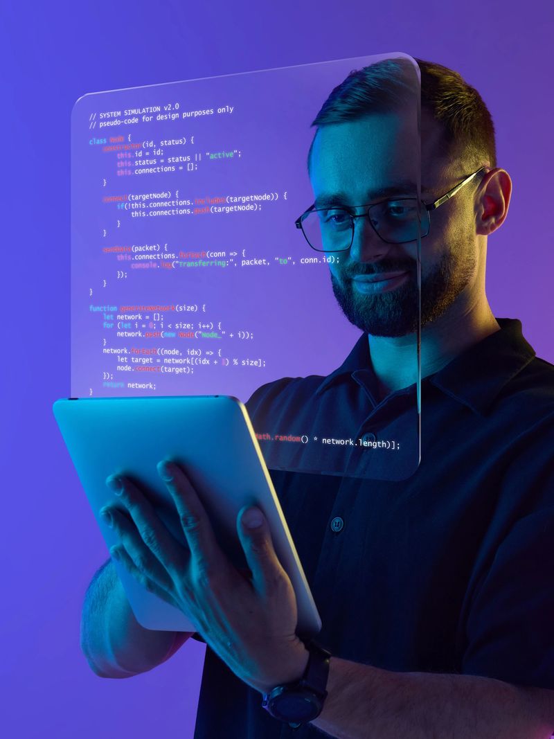 Digital composition. Smiling programmer with tablet and holographic code in creative tech workspace. Concept of IT education, coding culture, and joyful innovation in modern technology companies.