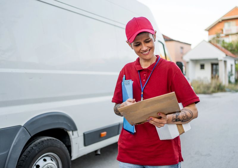 Young woman delivery courier signing paperwork at van beside cardboard package, smiling professional in uniform during delivery