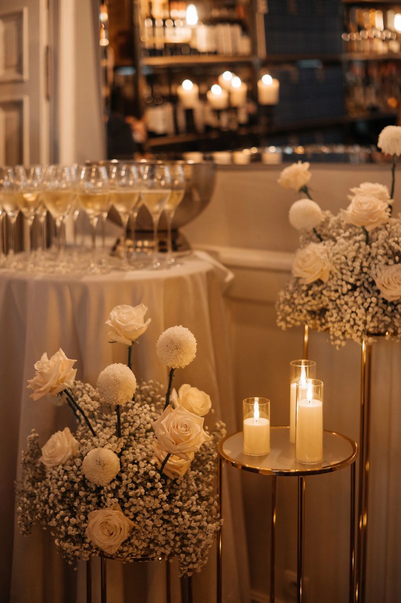 Elegant wedding reception setup with flowers and candles.