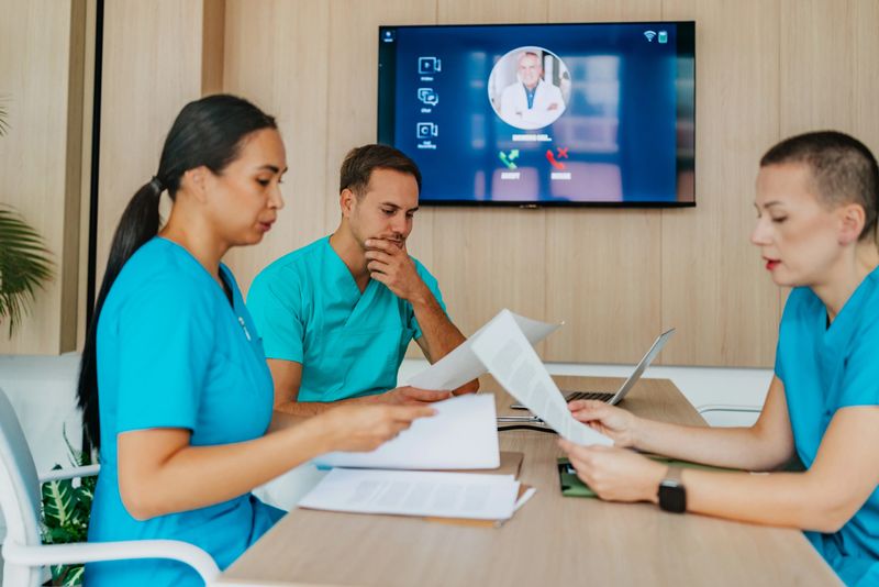 Three healthcare professionals are engaged in a meeting, reviewing documents while participating in a virtual consultation. The setting is bright and modern, fostering teamwork and communication.