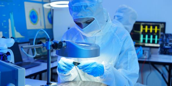 Scientist in protective gear examining a sample under bright light in a lab.