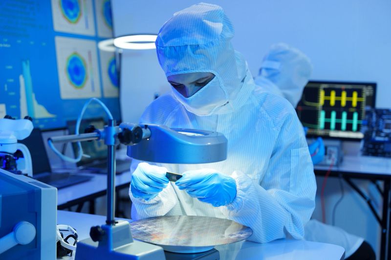 Engineers in sterile suits work at a semiconductor manufacturing plant using microscopes in a lab.