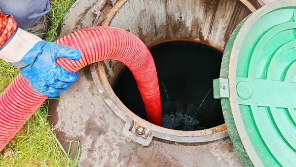 Worker cleaning a septic tank with a hose.