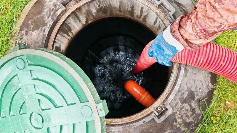 A worker uses a hose and equipment to service a septic tank on a grassy area during a routine maintenance check.