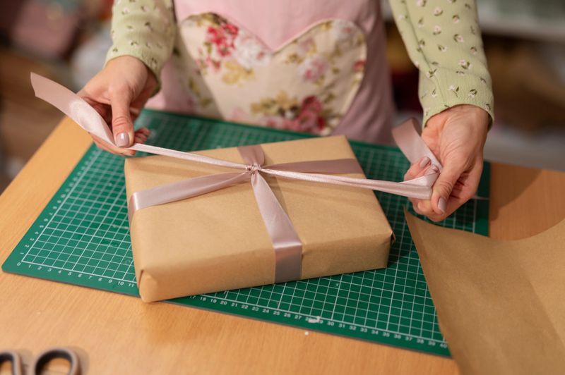 Woman's hands tying a soft pink ribbon around a gift wrapped in brown paper