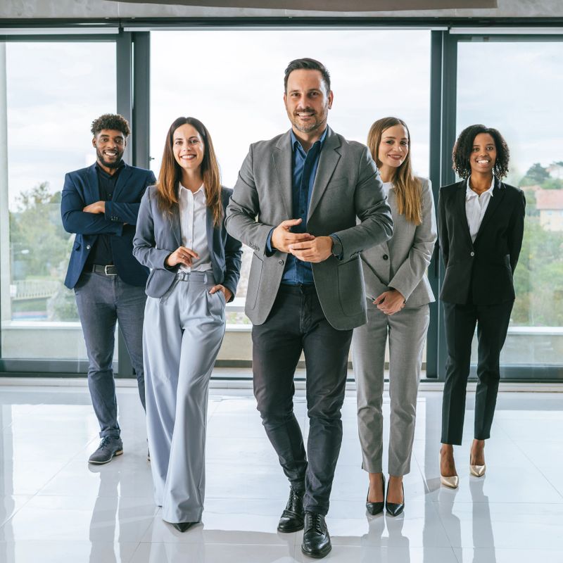 Diverse group of confident business professionals walking toward camera in a bright modern office, smiling and united in teamwork, leadership and a positive, determined future