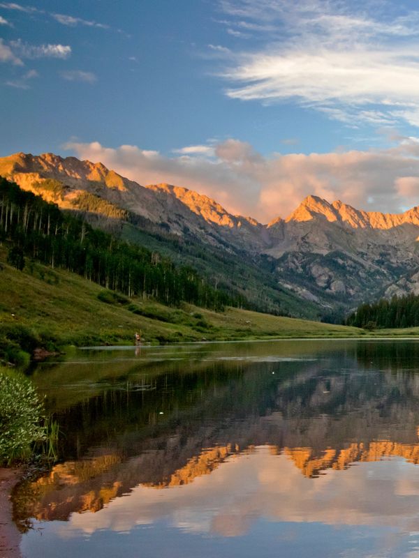Mountain range reflecting in a calm lake at sunset.