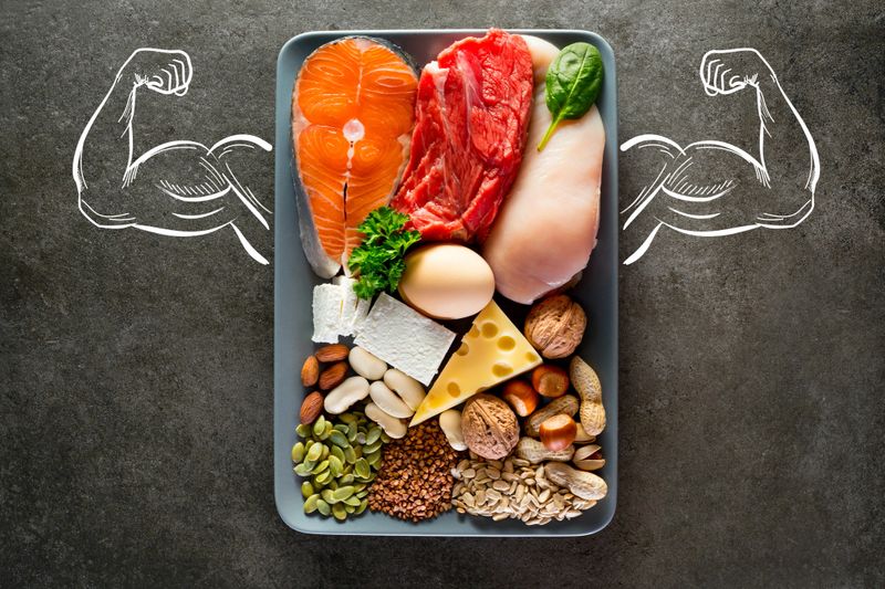 Sources of protein. High protein food for bodybuilders as fish, beef, chicken breast, dairy, eggs, buckwheat, nuts, bean, pumpkin seed, sunflower seed.