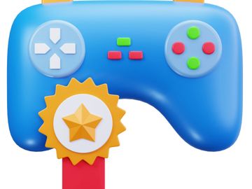 Blue game controller with a gold award ribbon.