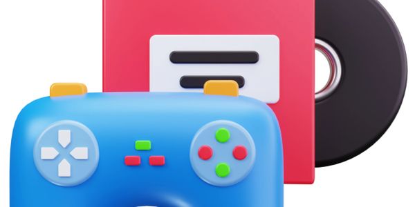 Blue game controller with a red game cartridge and black disc.