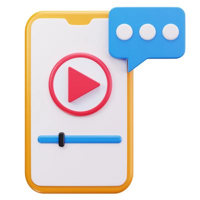3D icon of a mobile video player with a chat bubble.