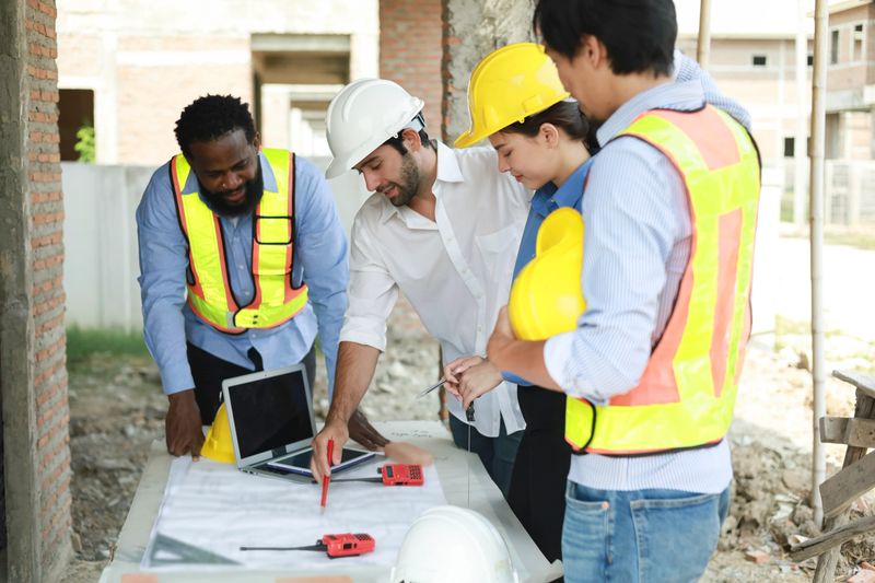 A group of engineers and staff met to discuss and work together to assess the progress of the residential construction site.