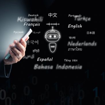 Person using smartphone with AI language translation icons and multiple languages.