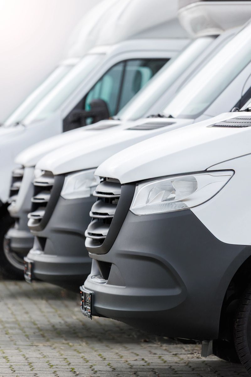 Fleet new modern electric hybrid hydrogen or diesel white vans parked in line row outdoors. Cargo freight industrial courier transportation logistics service. Commercial vehicle maintenance insurance.