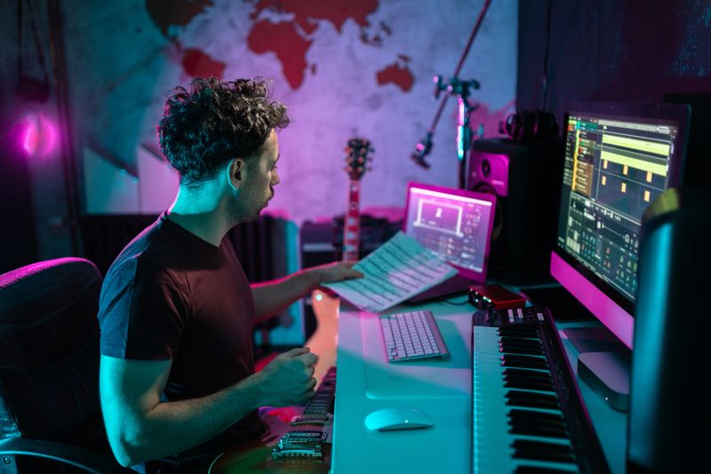 A young adult musician with a guitar reviews printed score sheets beside a computer and MIDI keyboard. Coloured studio lights and professional speakers emphasise composing, arranging and production at a creative home setup.