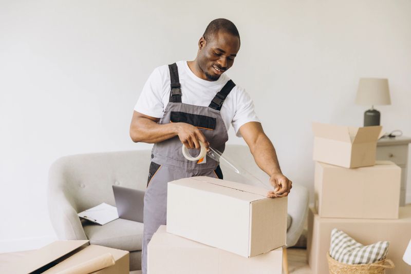 Happy mover taping cardboard box, preparing for house relocation. Professional delivery service packing household items in new home