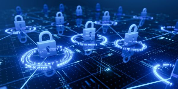 3D digital locks connected in a network symbolizing cybersecurity.