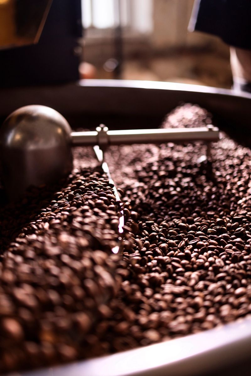 Close-up of glossy, roasted coffee beans in a large roaster, with a metal scoop resting across the beans; Captures warm, industrial atmosphere and the rich coffee aroma