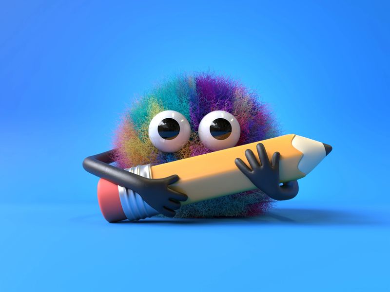 Fluffy, cute monster with a pencil, symbolizing creativity or education. 3D rendering, conceptual image. Isolated on white background.