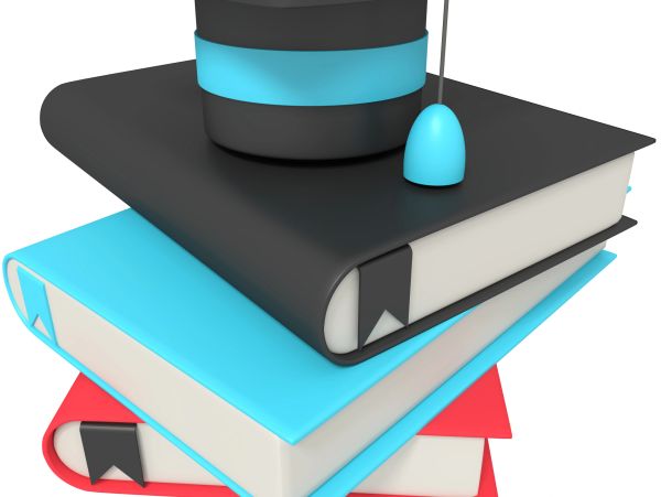 Stack of colorful books with a graduation cap.