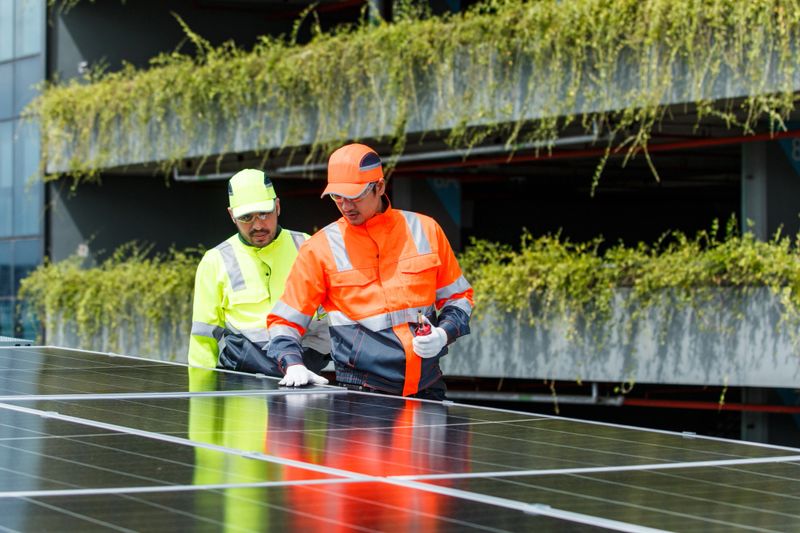 Two engineers installing and checking solar cell panels on rooftop building. They discuss and use equipment to test electrical circuits. Renewable energy, alternative power, and clean sustainable.