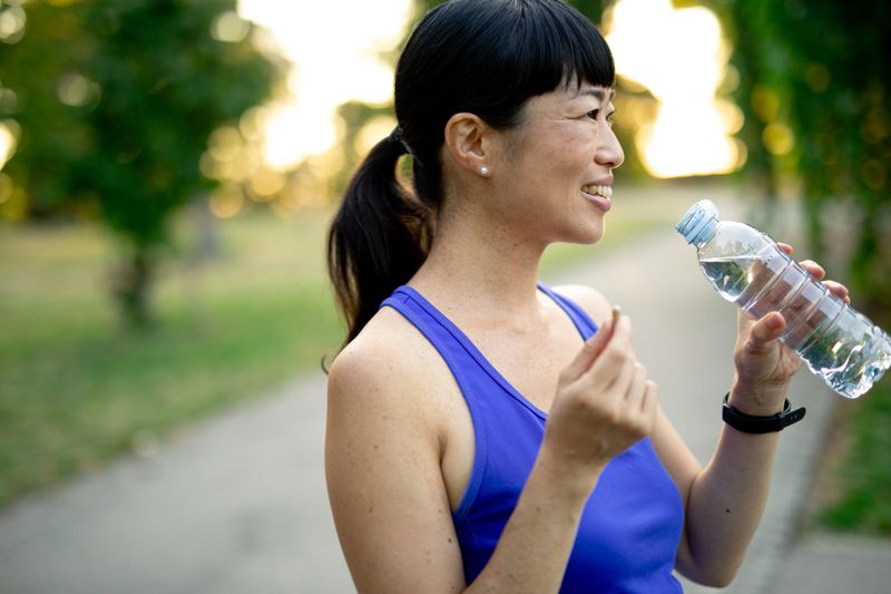 Asian woman in blue tank top smiles, holding a water bottle and vitamin pill after an outdoor workout in a sunny park
