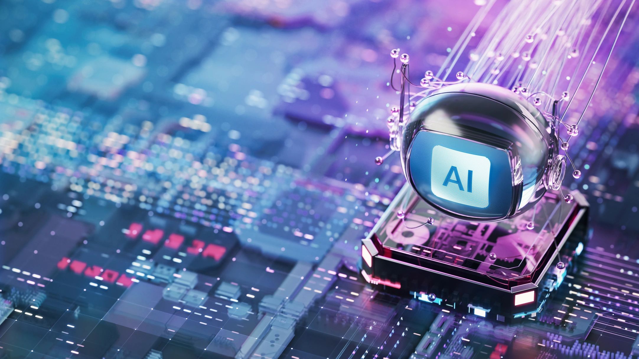 Futuristic AI chip with glowing elements and connections.