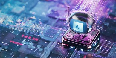 Futuristic AI core glowing on a circuit board with vibrant tech colors.
