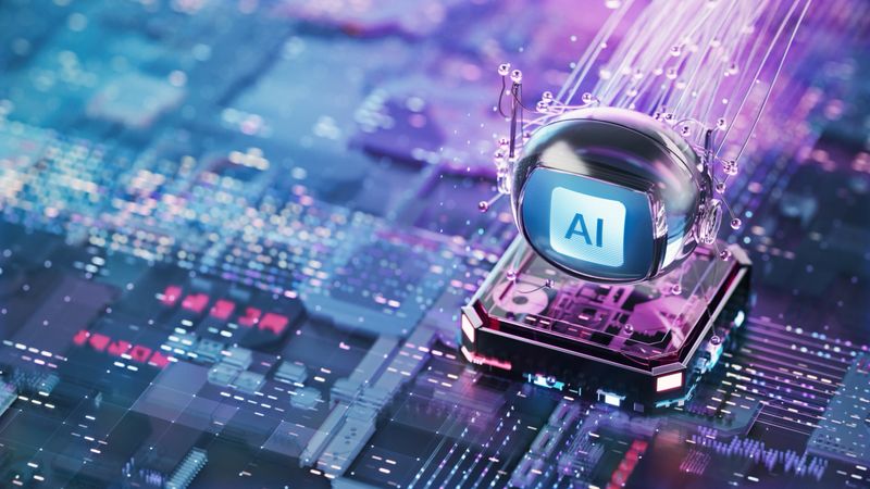 Futuristic Artificial Intelligence Chatbot concept. Glow Digital Ai prompt on the Chatbot's Screen. Ai with central computer processor and futuristic motherboard.