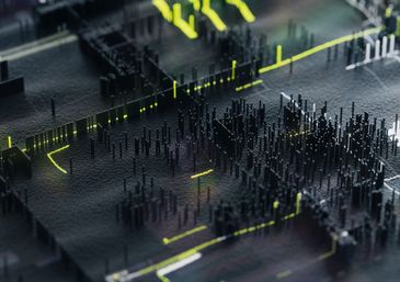 Futuristic AI chip in cityscape