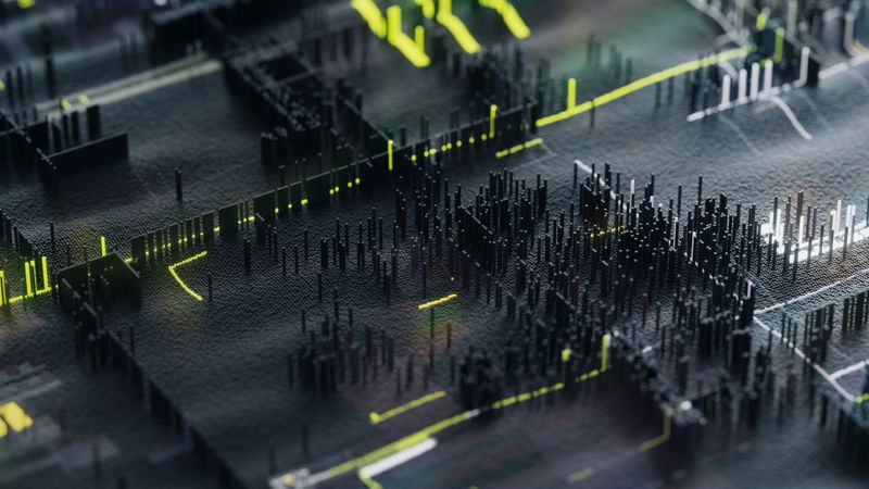 Futuristic abstract 3D rendering representing a digital cityscape or data network. The image features glowing green and yellow lights, tall geometric structures, and intricate grid patterns, symbolizing technology, artificial intelligence, and data flow in a cyber world.