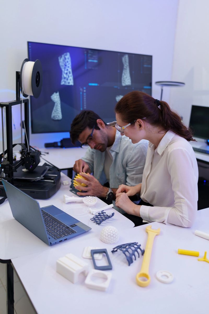 Engineers work with a 3D printer to print a clear white plastic model. State-of-the-art technology, selective focus, in a lab.