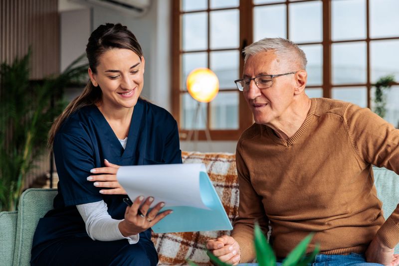 Smiling nurse reviewing health documents with senior man at home, highlighting home healthcare and patient consultation.