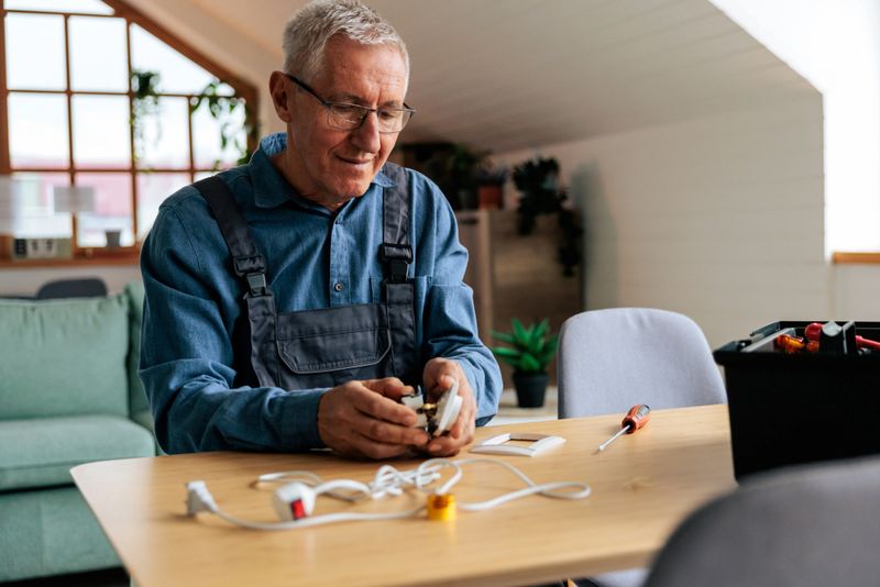 A senior handyman in work overalls carefully repairs an electrical socket while sitting at a wooden table. Tools and a power cord are visible nearby, creating a realistic scene of home maintenance or repair work. The image conveys precision, experience, and craftsmanship.