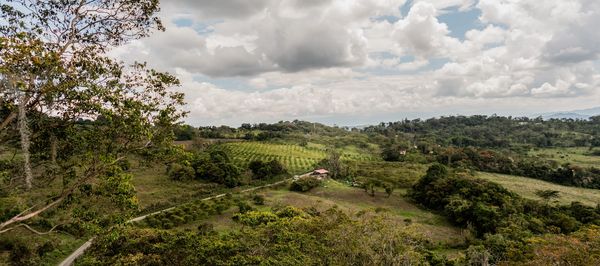 Scenic rural landscape with rolling green hills and cloudy sky.