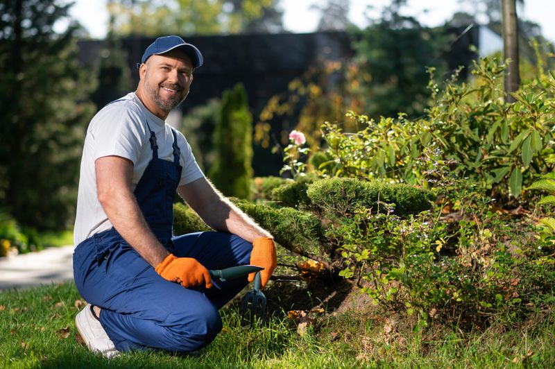 Smiling male worker using shovel for planting and soil preparation near bushes