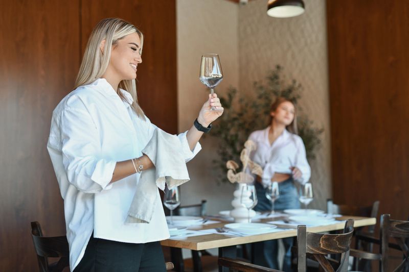 Two women in white shirts arrange a dining table in a warm, stylish restaurant. One lifts a wine glass in a celebratory moment, signaling hospitality, friendship, and a relaxed, upscale dining atmosphere.