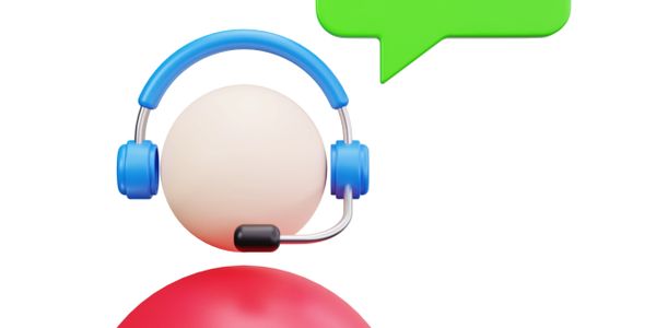 Icon of a person with a headset and speech bubble, representing customer support.