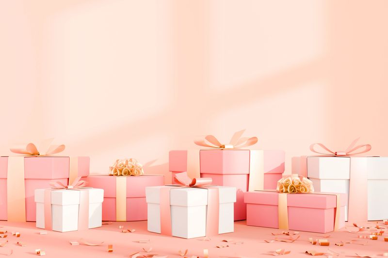 Beautiful 3D render of pink and white gift boxes with ribbons and bows on a soft pastel background. Perfect festive scene for weddings, birthdays, Valentine’s Day, baby showers, holiday celebrations.