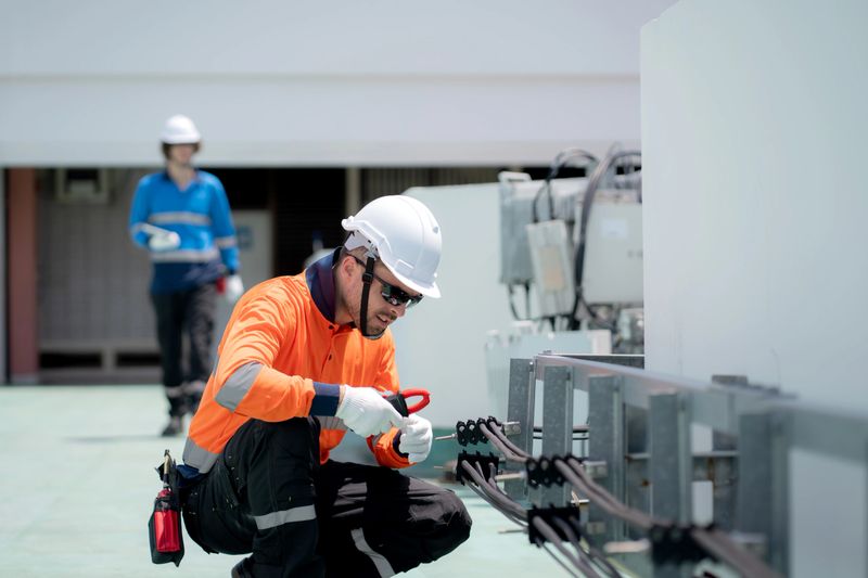 Electrician working on electrical system maintenance on rooftop, industrial worker is concentrated on wiring installation, technology and safety, technician use tool for wiring connection.